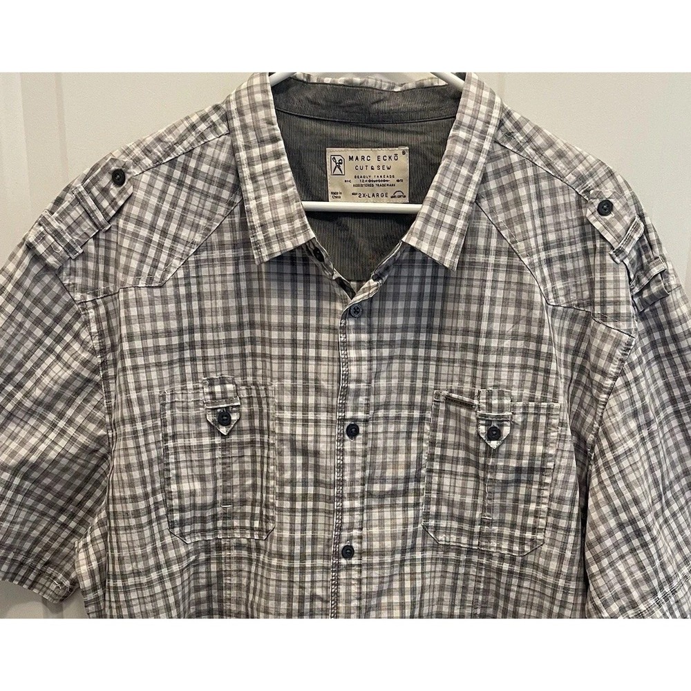 Marc Ecko Cut/Sew Mens 2XL Gray‎ Plaid Button Up Short Sleeve Military Utilitary